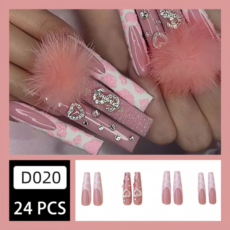 24Pcs Extra Long Square Press  - Nail Art Pink ulasan dan harga