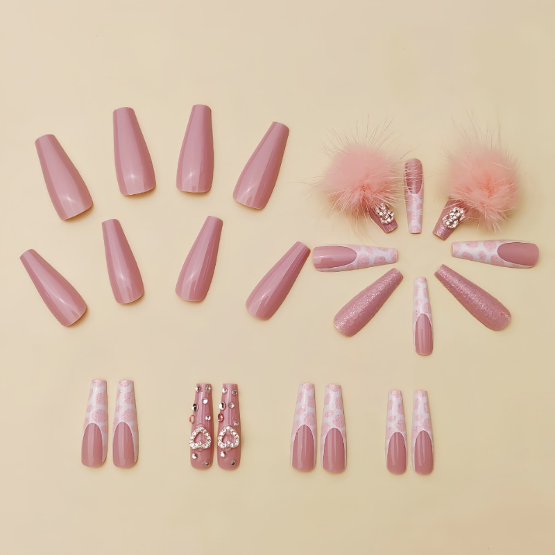 24Pcs Extra Long Square Press  - Nail Art Pink ulasan dan harga