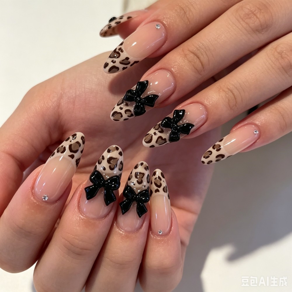 24pcs French Almond Press on N - Nail Art Leopard ulasan dan harga