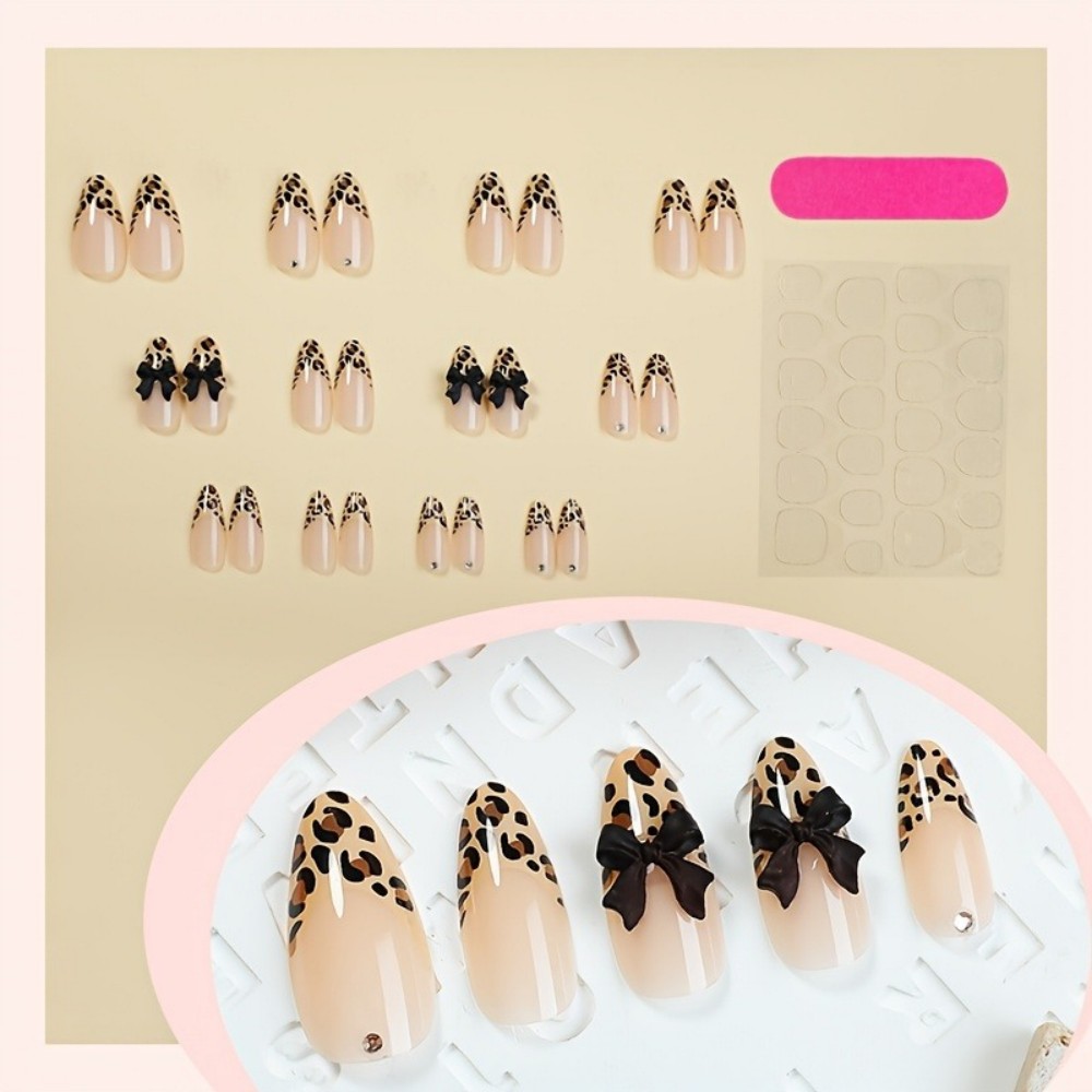 24pcs French Almond Press on N - Nail Art Leopard ulasan dan harga